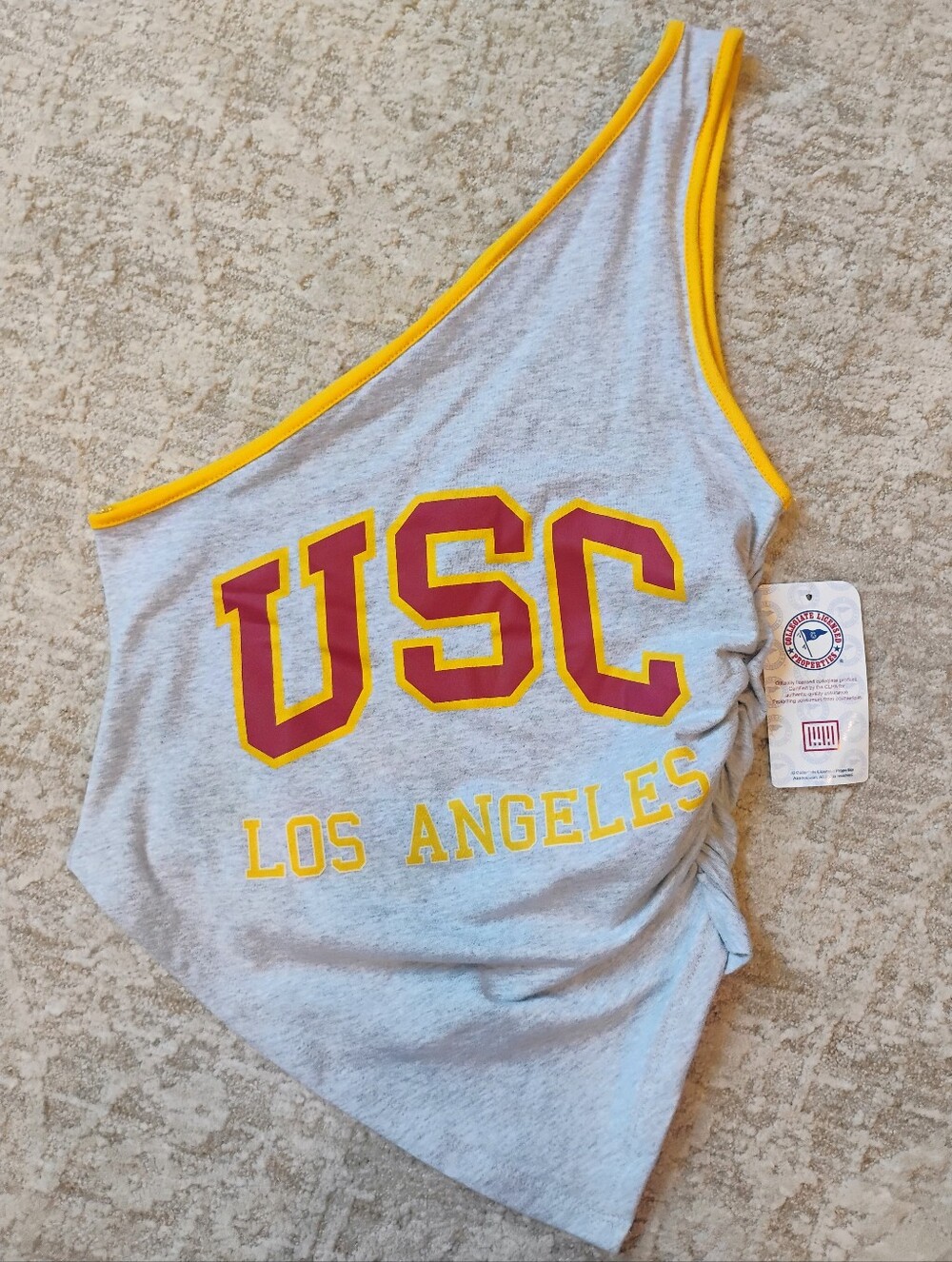 NWT L USC One Shoulder Ruched Handkerchief NCAA College Top Heathered Gray NWT